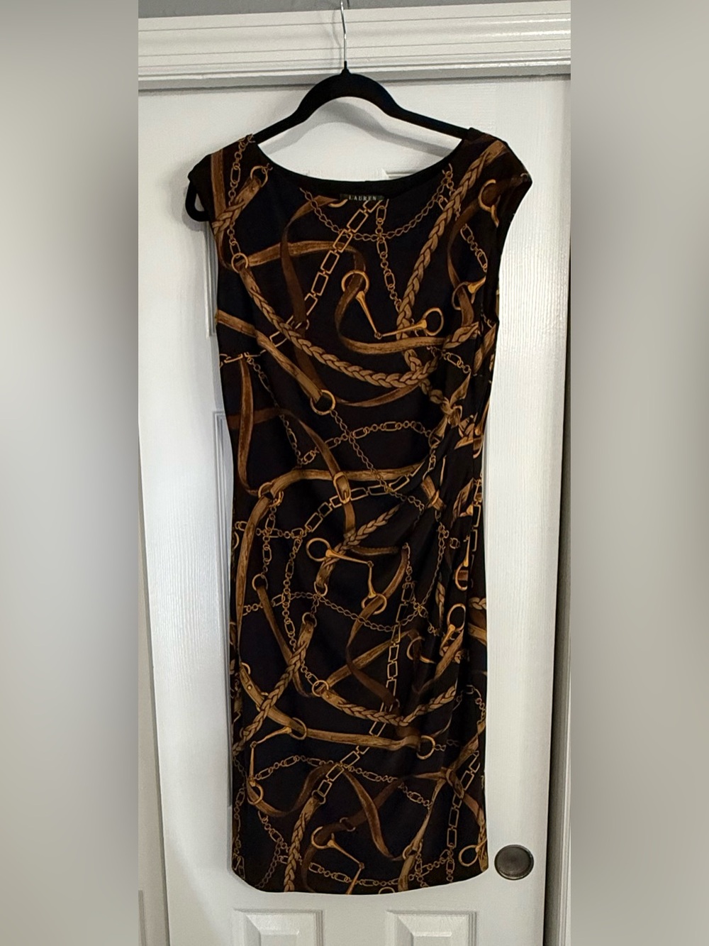 Lauren Ralph Lauren Black Sheath Dress with Gold Chain Motif